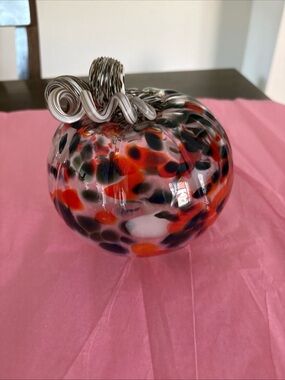 Handblown Glass Clear With Orange Black White Spots Pumpkin